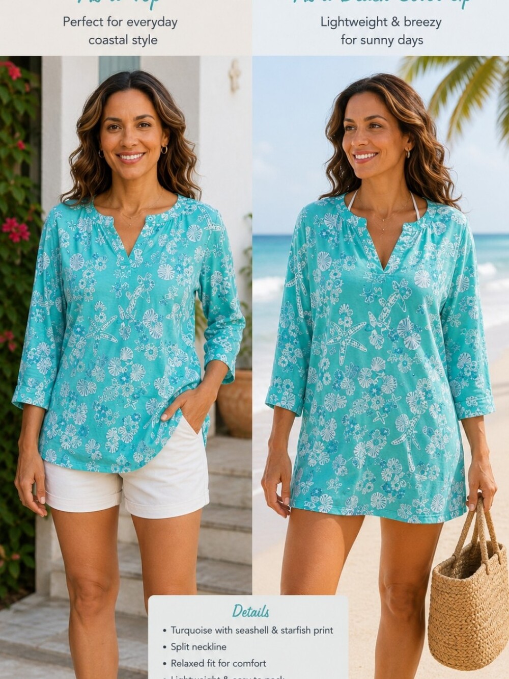 Caribbean-Style Turquoise Seashell & Starfish Swim Coverup Top